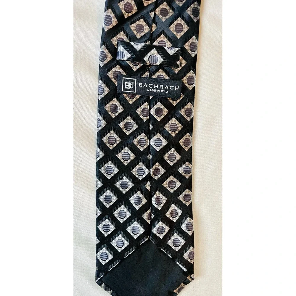 Bachrach Mens Neck Tie Black 100% Silk Geometric Designer Necktie Handmade Italy